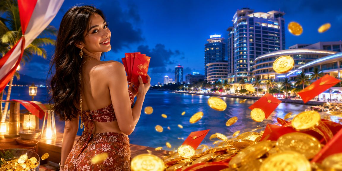 Bonus amplop merah promo voucher di tepi pantai dengan nuansa perayaan Indonesia