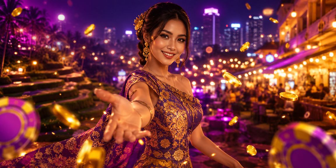 Suasana hiburan kasino malam hari yang semarak dengan pencahayaan neon warna-warni